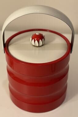 Red & White Curvy Mid Century Modern Ice Bucket Faux Patent Leather Daisy Knob